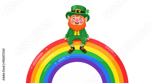 Cheerful leprechaun sitting on a vibrant rainbow celebrating St
