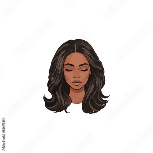 Illustration of a beautiful dark-skinned woman with long, wavy brown hair and closed eyes, against a white background.