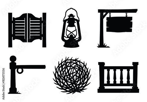 Silhouette icons of western items: lantern, wagon wheel, signboard, gate, tumbleweed