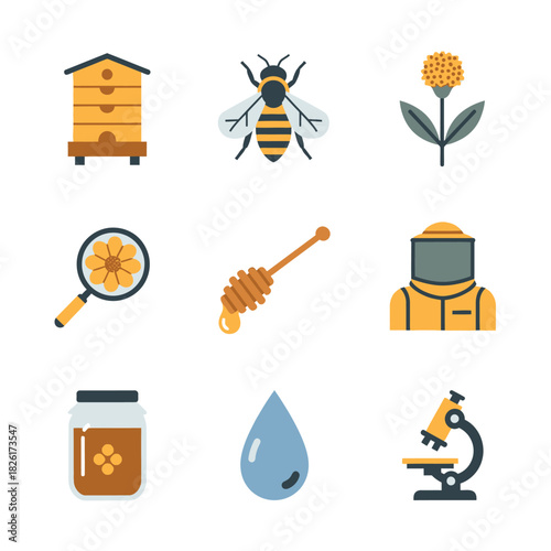 Beehive, Bee, Flower, Honey, and Science Related Elements.