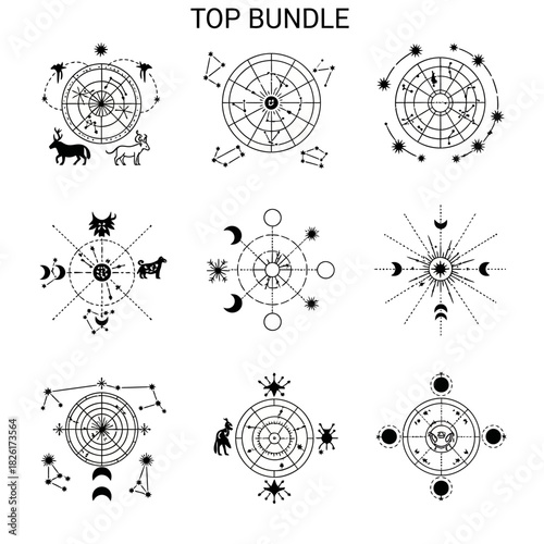 Astrology Zodiac Wheel Celestial Constellation Vector Bundle.