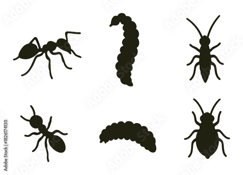 Silhouettes of insects and larvae on yellow background