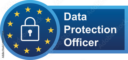 Data Protection Officer badge with padlock and EU stars on a blue background.