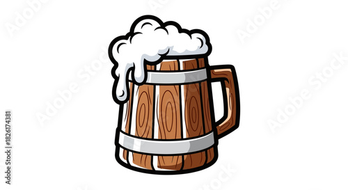 Hand-drawn cartoon illustration of a traditional wooden beer stein with a handle, full of frothy lager, isolated on a white background