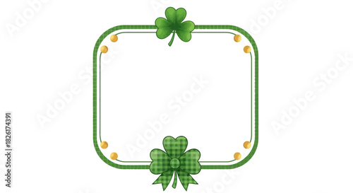 Charming St. Patrick's Day green plaid shamrock decorative border frame, adorned with elegant golden accents, ideal for festive invitations, digital cards, and celebratory designs