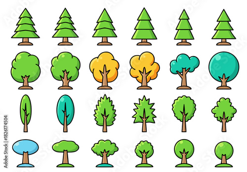 A vibrant vector collection of diverse stylized cartoon tree icons, featuring various types like pine, deciduous, and abstract designs, ideal for game assets, nature themes, or graphic design projects