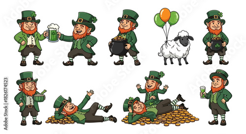 A festive collection of cartoon leprechaun characters celebrating Saint Patrick's Day with gold coins, beer, and shamrocks
