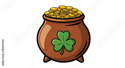 A classic cartoon illustration of a leprechaun's pot of gold, filled to the brim with shiny coins and decorated with a lucky green shamrock