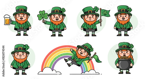 A vibrant collection of whimsical cartoon leprechaun characters illustrating festive actions and symbols of luck and celebration for seasonal designs