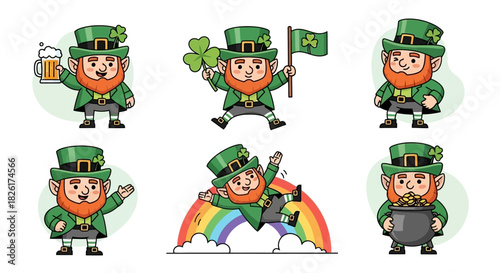 Whimsical collection of cartoon leprechaun characters celebrating St. Patrick's Day, embodying Irish charm, good fortune, and festive cheer with shamrocks, beer, and pots of gold