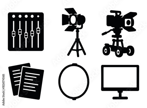 Film production icons: lights, camera, monitor, scripts, mixer, dolly setup