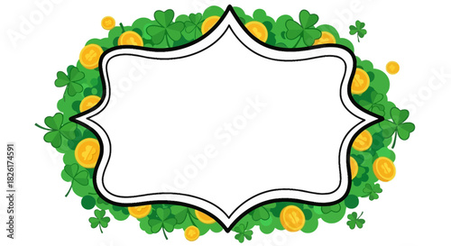 Festive Irish-inspired decorative frame with lush green shamrocks and glittering gold coins, perfect for celebrating luck and good fortune on a special day