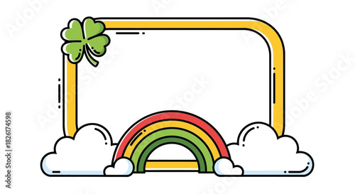 Charming festive line art frame with a lucky four-leaf clover and a vibrant rainbow arching from fluffy clouds, ideal for spring celebrations, invitations, and cheerful holiday designs