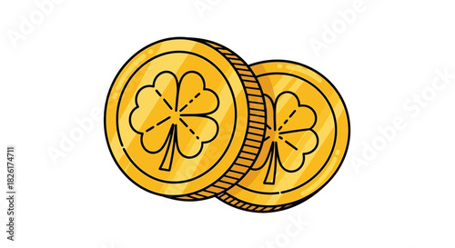 Golden coins with clover leaf symbols, representing luck and fortune, perfect for St. Patrick's Day themes and financial concepts