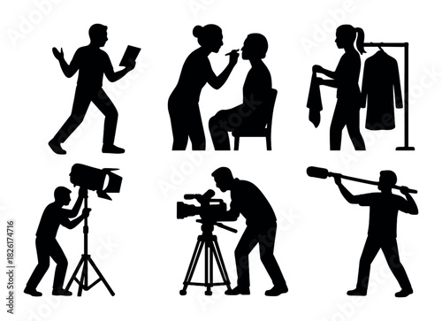 Silhouettes of film crew in various stages of production