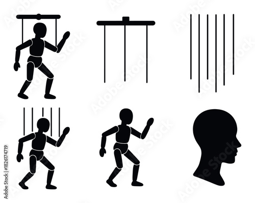 Silhouettes of puppets and strings on dark background