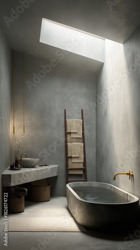 Luxurious minimalist bathroom with soaking tub, concrete walls, skylight daylight, marble vanity, bronze fixtures, towel ladder for spa design, wellness interiors, premium real estate


