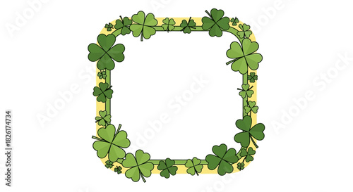 Decorative square frame design featuring an arrangement of vibrant green four-leaf clovers and lucky shamrocks, symbolizing good fortune and nature's beauty for various graphic projects