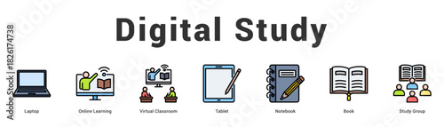 Digital Study Modern and clean web banner illustration featuring thematic icons for visual communication