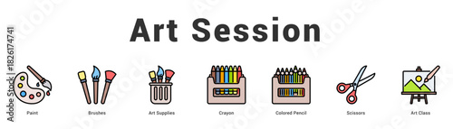 Art Session Modern and clean web banner illustration featuring thematic icons for visual communication