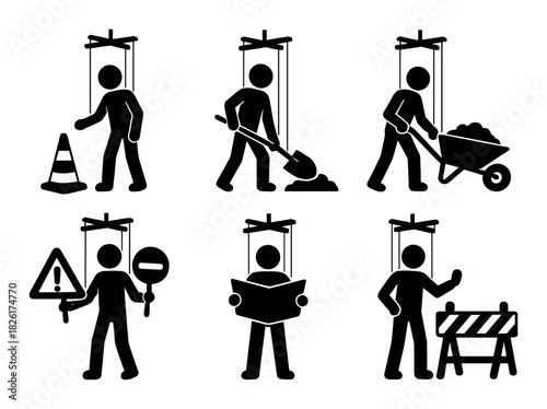 Vector silhouette puppets: construction and safety icon set