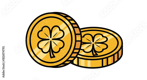 Gold coins with a four-leaf clover emblem, symbolizing good luck, prosperity, and success. A lucky charm illustration on a white background