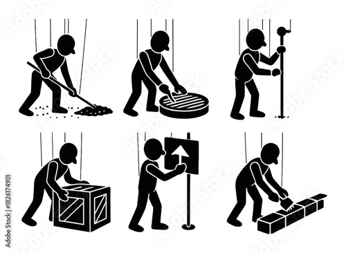 Silhouette workers performing various construction tasks on metallic background