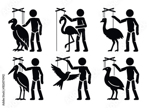 Silhouettes of stick figures manipulating various birds on strings