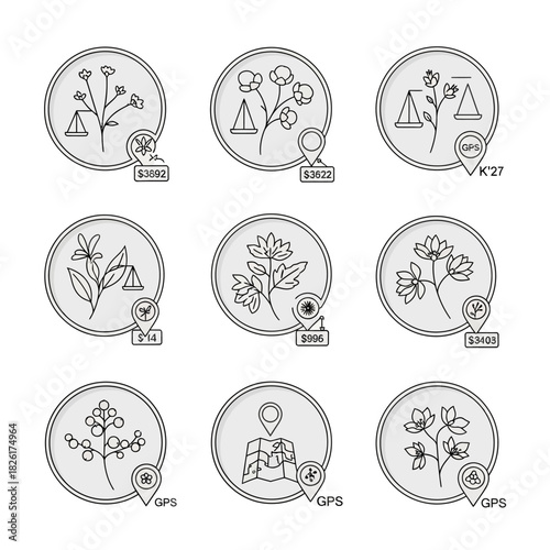 Botanical illustrations of various plants with location markers.