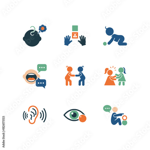 Child Development and Communication Skills Icons Set.