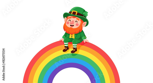 A cheerful leprechaun sitting on a vibrant rainbow, symbolizing luck and festivities on St