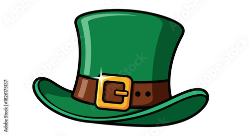 Vibrant green top hat illustration featuring a shimmering golden buckle, symbolizing festive celebrations and Irish cultural spirit and tradition