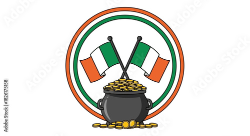 Celebratory emblem featuring crossed Irish flags over a treasure pot brimming with golden coins, encircled by a vibrant national color border, perfect for themes of luck and heritage