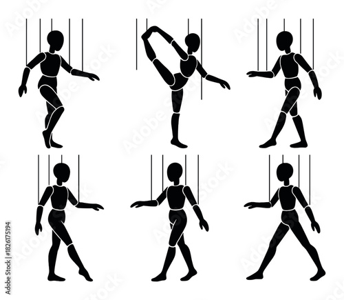 Silhouette of puppets in various dance poses on dark background