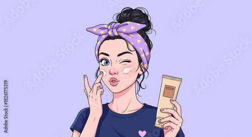 Cartoon woman applying face cream with a purple headband and holding a tube of cream.