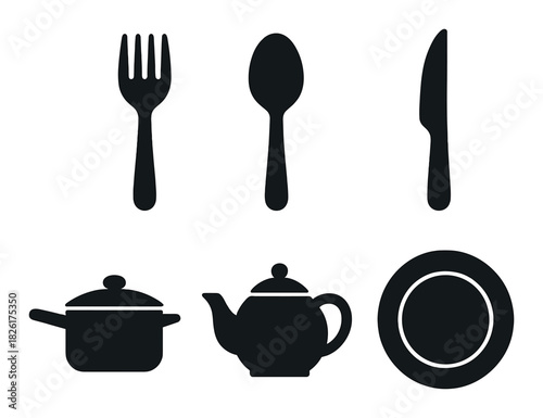 Silhouette of kitchen utensils and cookware on a dark background