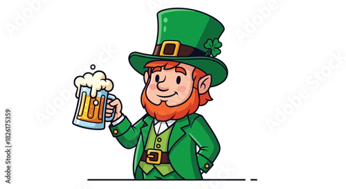 A friendly cartoon leprechaun mascot celebrating St. Patrick's Day by raising a glass of foamy ale