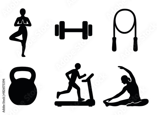 Silhouette exercise icons: yoga, dumbbells, jump rope, kettlebell, running, stretching