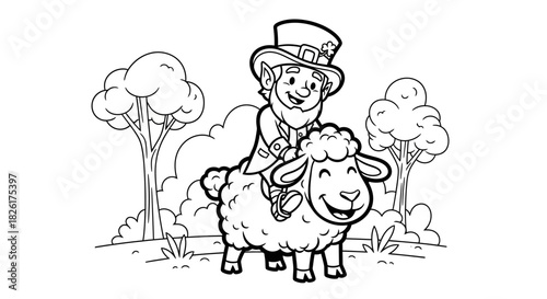A whimsical illustration of a leprechaun riding a sheep with a smile