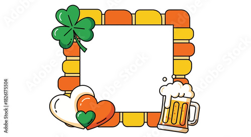 Vibrant St. Patrick's Day themed border frame with a lucky shamrock, warm hearts, and a frothy beer mug on a white background, perfect for festive designs