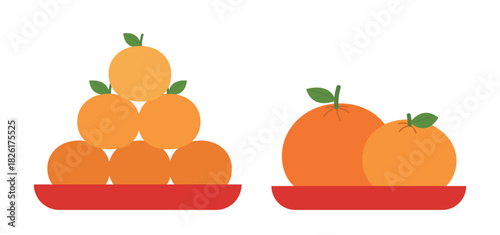 Chinese new year orange flat vector illustration set.
Stacked Chinese New Year oranges clipart.
Chinese new year oranges on red plate.
White background.
