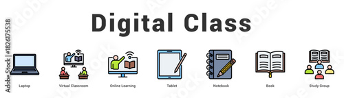 Digital Class Modern and clean web banner illustration featuring thematic icons for visual communication
