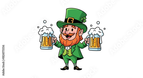Jovial leprechaun character in vibrant green suit and tall hat, proudly presenting two overflowing steins of frothy beer, symbolizing Irish festivity and good fortune