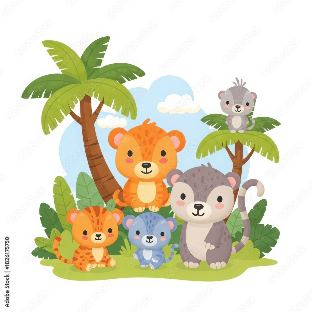 Obraz premium Cute Cartoon Jungle Animals with Palm Trees illustration