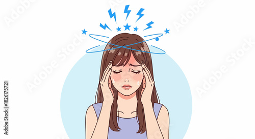 An illustration depicting a young woman suffering from a severe headache or dizziness, holding her temples in visible distress.