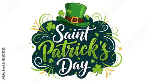 Festive Irish Celebration Artwork with a Lucky Green Top Hat and Shamrocks, Perfect for Holiday Promotions and Cultural Themes