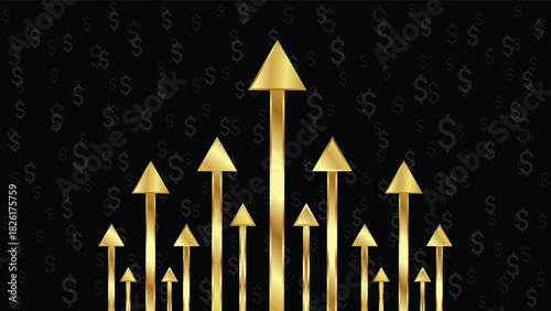 Golden arrows pointing upwards against a background of dollar signs, suggesting financial growth and success.