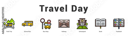 Travel Day Modern and clean web banner illustration featuring thematic icons for visual communication