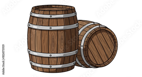 Detailed illustration of two traditional wooden barrels with metal hoops, used for aging and storing wine or whiskey