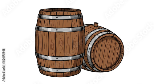 Two traditional wooden barrels with metal bands, perfect for storing and aging wine, beer, or spirits, symbolizing vintage craftsmanship and classic beverage production